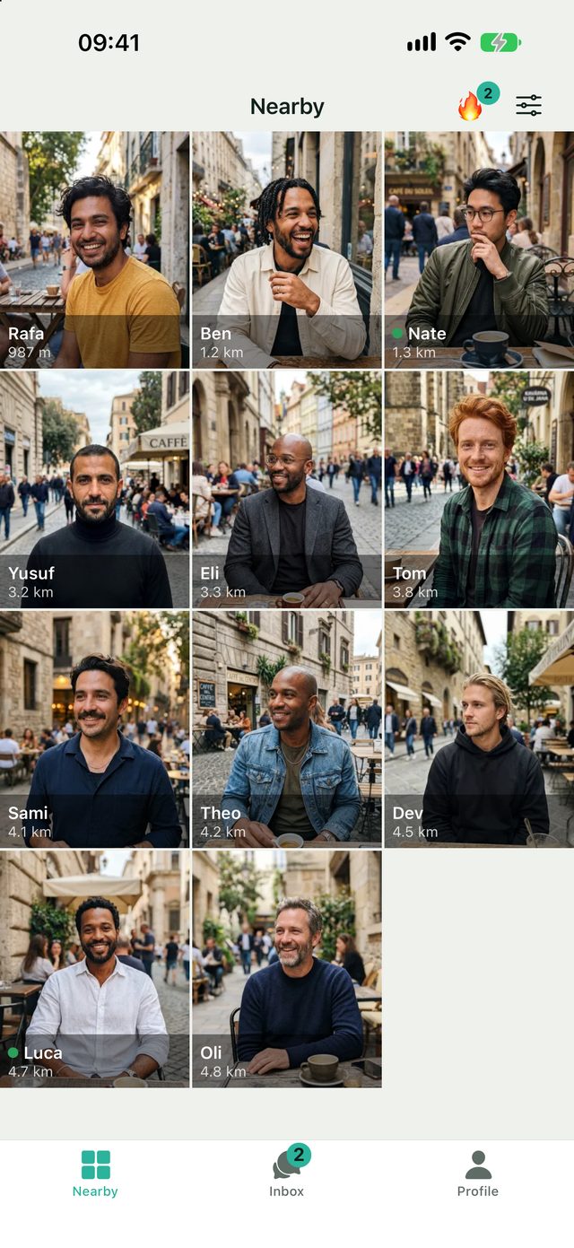 The Gadius grid: photos of people nearby with their first name and a rounded distance